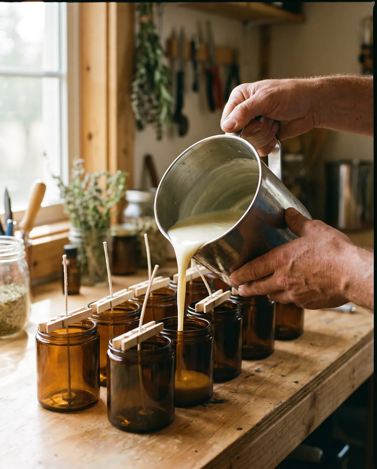 Hands pouring molten wax into amber glass jars