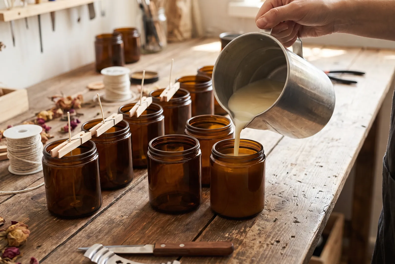 Empty amber jars being refilled with wax on a workshop bench