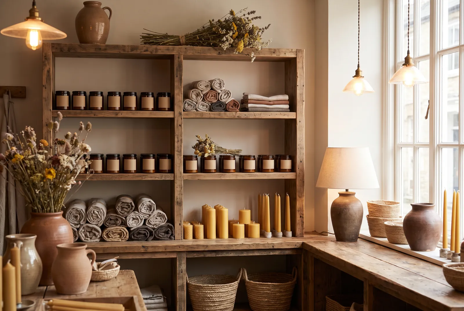 A boutique shelf display of handmade candles