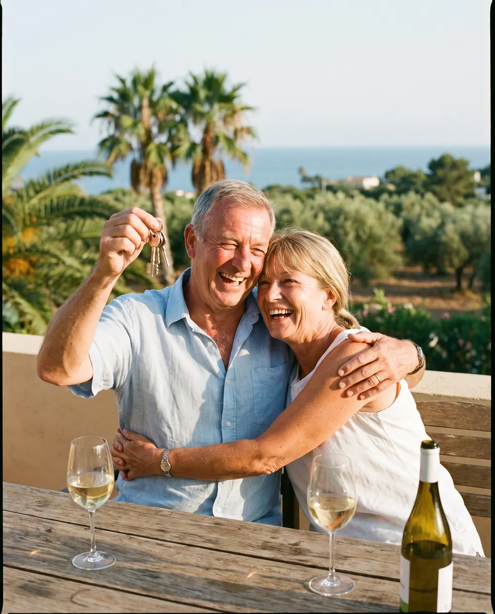 A couple celebrating with the keys to their new home in Spain