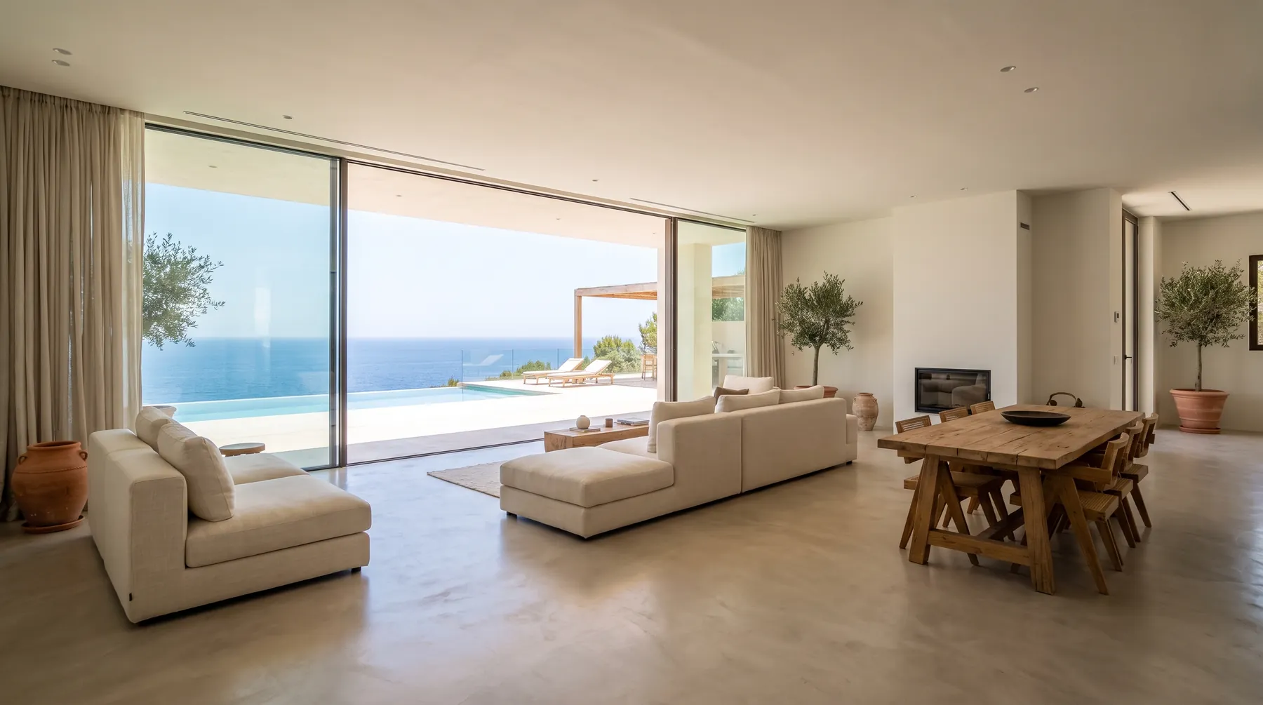 A bright villa living room opening onto a terrace and the sea