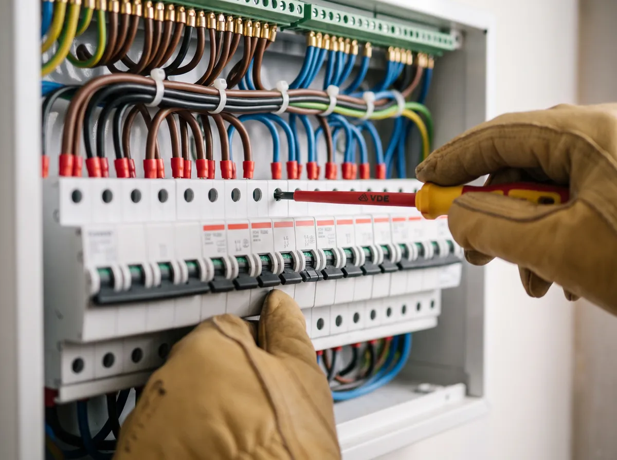 Electrician tightening a terminal in a new consumer unit