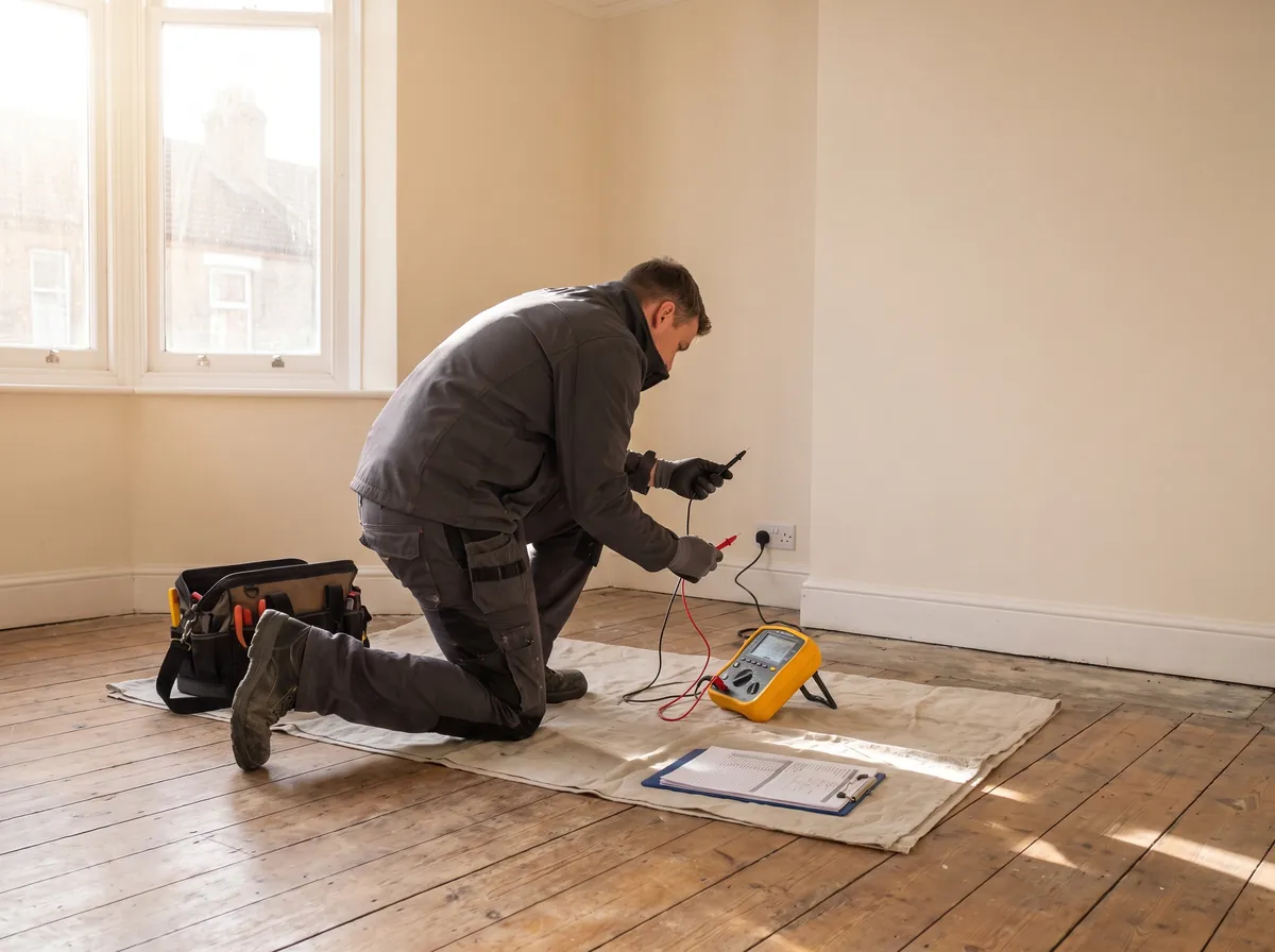 Electrician testing sockets in an empty rental flat